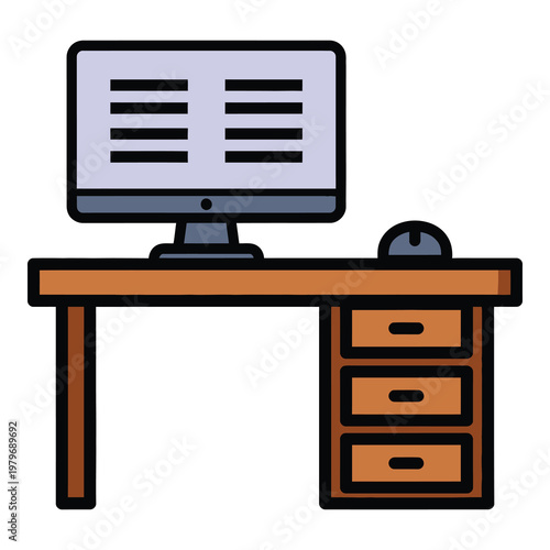 Cartoon computer monitor and mouse on brown wooden desk with drawers icon