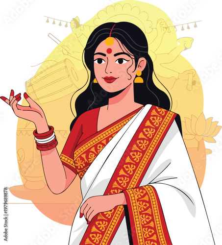 Beautiful Indian woman in traditional white and red saree celebrating Durga Puja festival with cultural grace