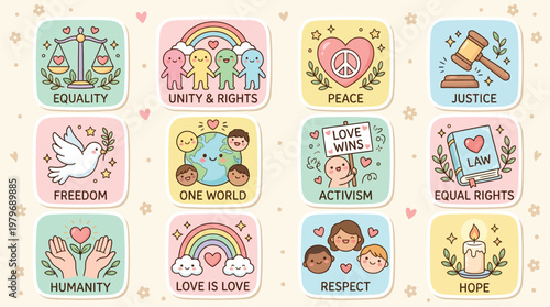 A collection of cute, hand-drawn icons representing social justice, equality, peace, and human rights with a pastel color palette and whimsical style.