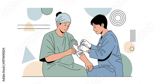 Nurse Applying Bandage to Patient's Arm After Medical Procedure, Healthcare Concept