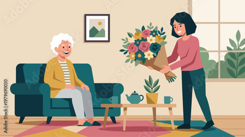 Older woman on sofa receives bouquet from younger woman in cozy living room