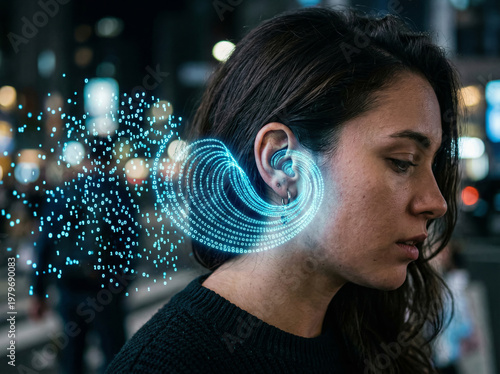 Woman with Futuristic Ear Interface and Holographic HUD