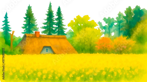 Reetdachhaus im Rapsfeld