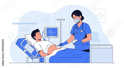 Nurse Applying Bandage to Patient's Abdomen in Hospital Room