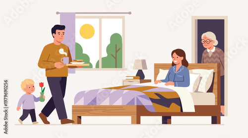 Family in a Cozy Bedroom with Grandparent Visitor