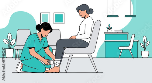 Nurse applying bandage to patient's ankle in clinic waiting room