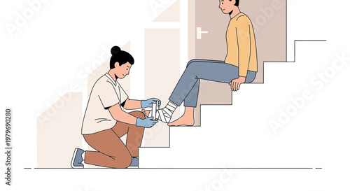 Nurse applying bandage to patient's ankle on stairs, post-injury care, physical therapy assistance