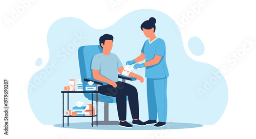 Nurse Applying Bandage to Patient's Arm After Blood Draw or Injection in Clinic