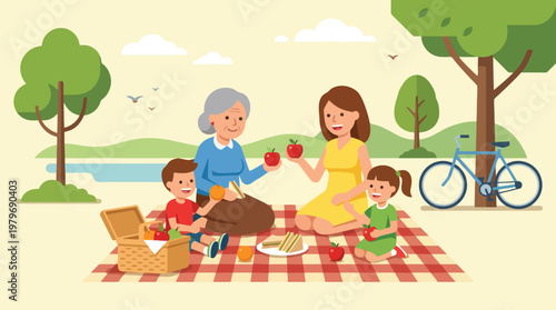 Family Picnic at Park with Elderly Grandmother and Children