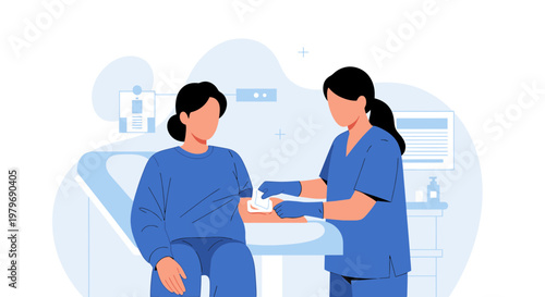 Nurse Applying Bandage to Patient's Arm After Medical Procedure in Clinic