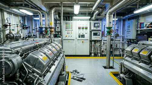 Marine diesel engine room with machinery and control panels displayed  