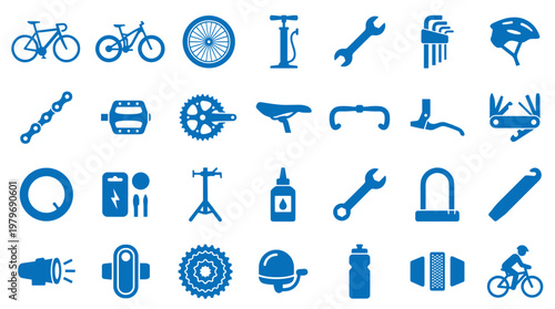 Collection of blue bicycle parts and accessories icons for cycling enthusiasts and repair services