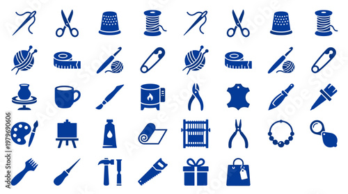 Collection of crafting and sewing icons representing hobbies and handmade creative activities with tools and supplies