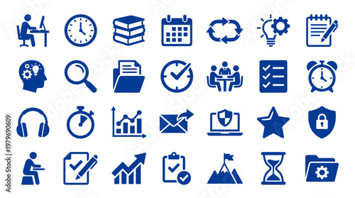 Collection of blue business and productivity icons representing planning, time management, teamwork, goals, and success in a clean white background