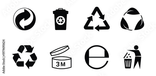 Complete visual guide to product and packaging symbols including Green Dot financial contribution mark, recycling bin icon, Mobius loop recyclability symbol, compostable certification, plastic resin i