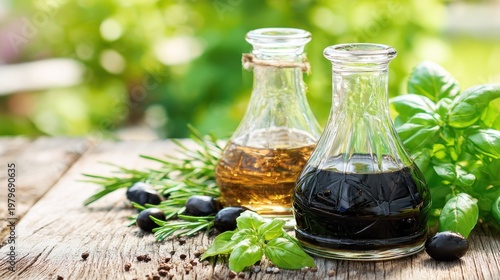 Two glass cruets filled with dark and light cooking liquids rest upon weathered wood beside fresh herbs and olives outdoors