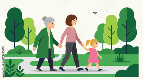 Family Walking in Park with Grandmother Mother and Girl