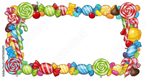 Candy-themed frame with lollipops and sweets, vibrant colors