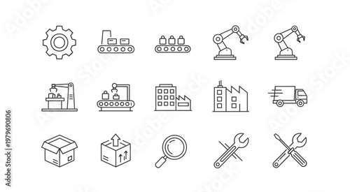 Industrial manufacturing and production line icons representing various processes and equipment.