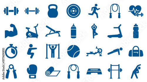 Collection of blue fitness and gym icons representing various sports equipment and exercises for a healthy lifestyle and workout routine