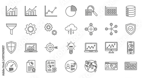 Collection of various data analysis and business-related icons and symbols.