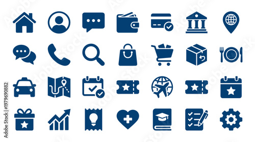 Collection of modern flat design icons representing various business services and lifestyle elements for digital applications and web design