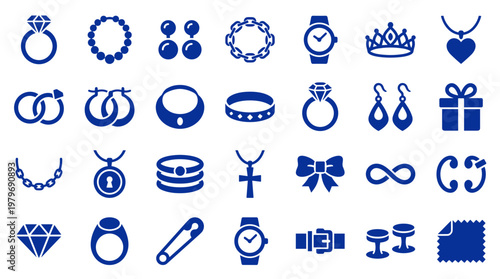 Collection of blue jewelry and accessory icons representing luxury fashion and personal adornment symbols for design and e-commerce