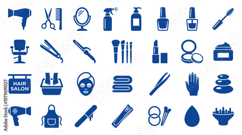 Collection of beauty salon and spa icons representing hair care makeup and wellness treatments for a professional beauty service