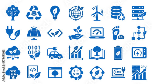 Green technology icons representing sustainability innovation and digital transformation for a cleaner planet
