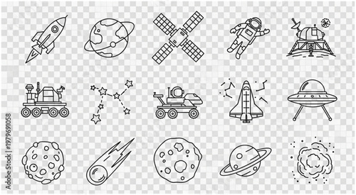 Collection of hand-drawn space elements, perfect for educational materials and creative projects.