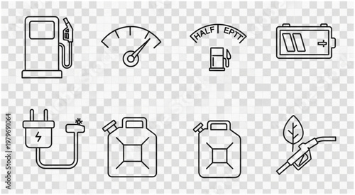 Collection of fuel and energy icons representing transportation and sustainability.