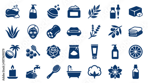 Collection of spa and beauty icons representing self care and wellness with natural elements and bath products