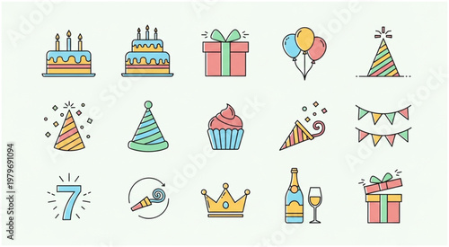 Colorful birthday party icons set, perfect for celebration and festive events.