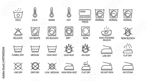 Laundry care symbols and instructions for washing clothes, cleaning and ironing.