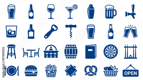 Collection of blue bar and restaurant icons representing drinks food and entertainment for hospitality industry