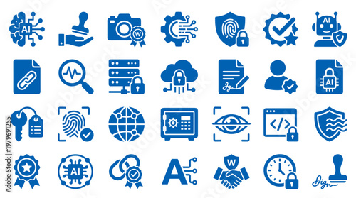Collection of blue digital security and technology icons representing data protection AI and network safety concepts