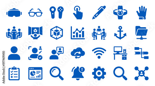 Collection of blue technology and business icons representing digital innovation collaboration data analysis and virtual reality concepts on a white background
