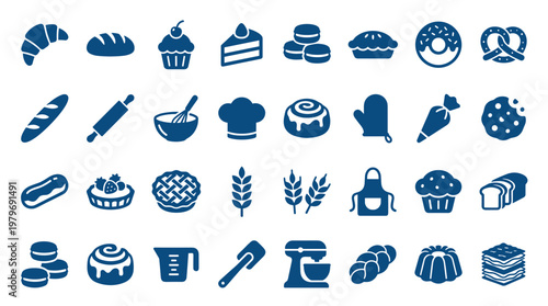 Collection of baking and pastry icons representing various delicious baked goods and baking tools in a clean blue silhouette style
