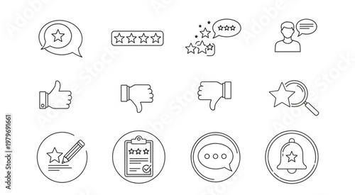 Customer feedback and rating icons representing opinions and reviews.