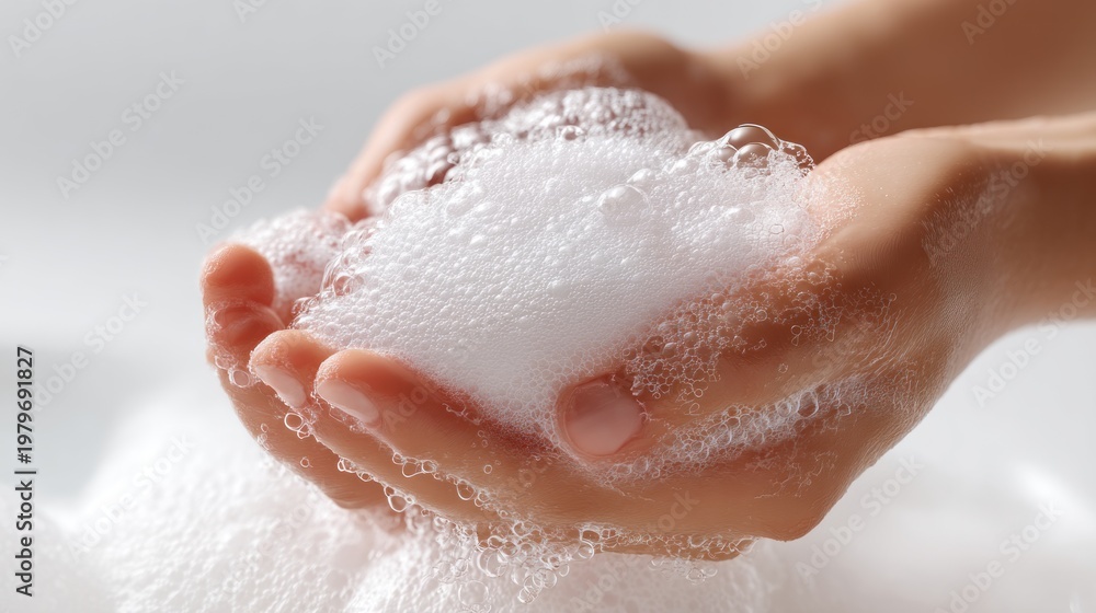 Fototapeta premium Hands holding foamy bubbles on transparent