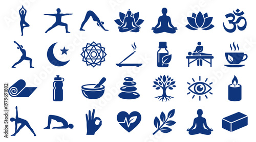 Collection of blue yoga and wellness icons representing health meditation spirituality and relaxation in a clean graphic style