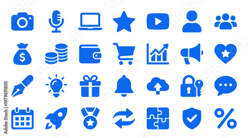 Collection of blue business and technology icons representing finance, communication, marketing, and success on a white background