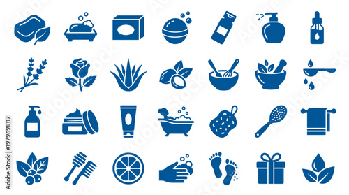 Collection of blue icons representing spa treatments, natural cosmetics, and personal hygiene products for wellness and self care