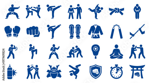 Collection of martial arts and combat sports icons representing various disciplines and equipment for training and competition