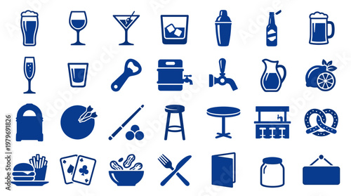 Collection of blue bar and pub icons representing drinks food and leisure activities for hospitality and entertainment concepts