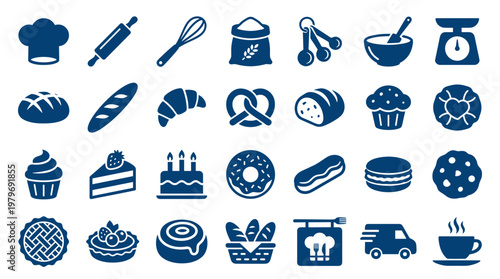 Collection of baking and pastry icons representing bakery items and cooking tools in a blue color scheme