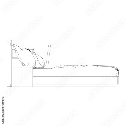 Side view outline of a bedroom set including queen size bed, desk, chair, and bedside table emphasizing furniture profile and structural proportions.