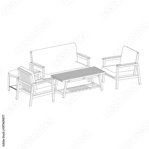 Perspective view of a living room set with two lazy chairs, three seater sofa, round side table, and coffee table. Clean line art with depth for interior visualization.