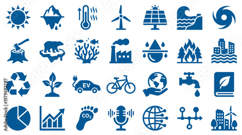 Collection of environmental and ecological icons representing climate change sustainability and global warming issues