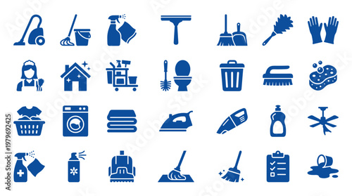 Collection of blue cleaning supplies and equipment icons representing household chores and hygiene services